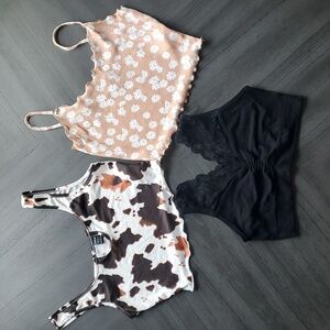 Trendy Crop Top Set - Floral, Cow Print, Black Lace